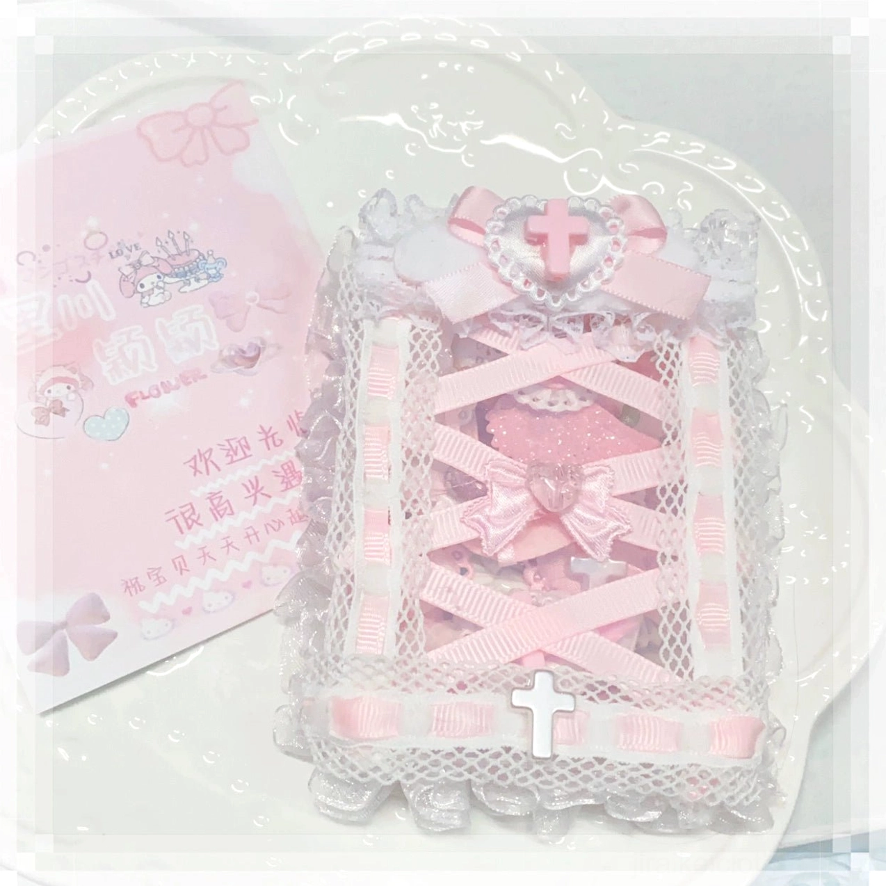 Large cross love hair clip design in jirai kei style with religious motif ornament and heart charm details