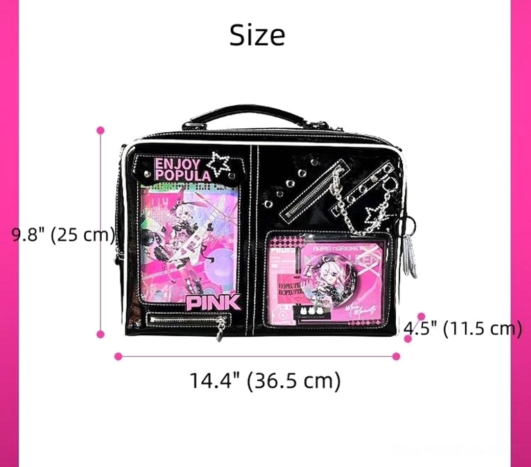 Large capacity Jirai Kei ita laptop bag flat lay showing 14-inch laptop fit and dimension specifications