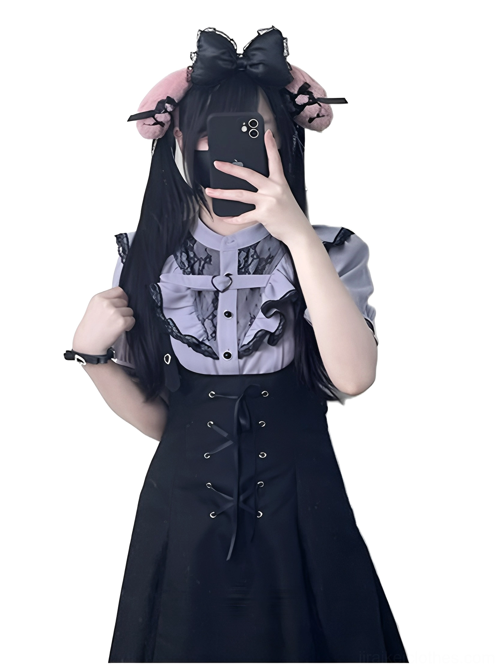 Lavender and black jirai kei two-piece outfit set with lace collar front lace-up skirt and suspender straps