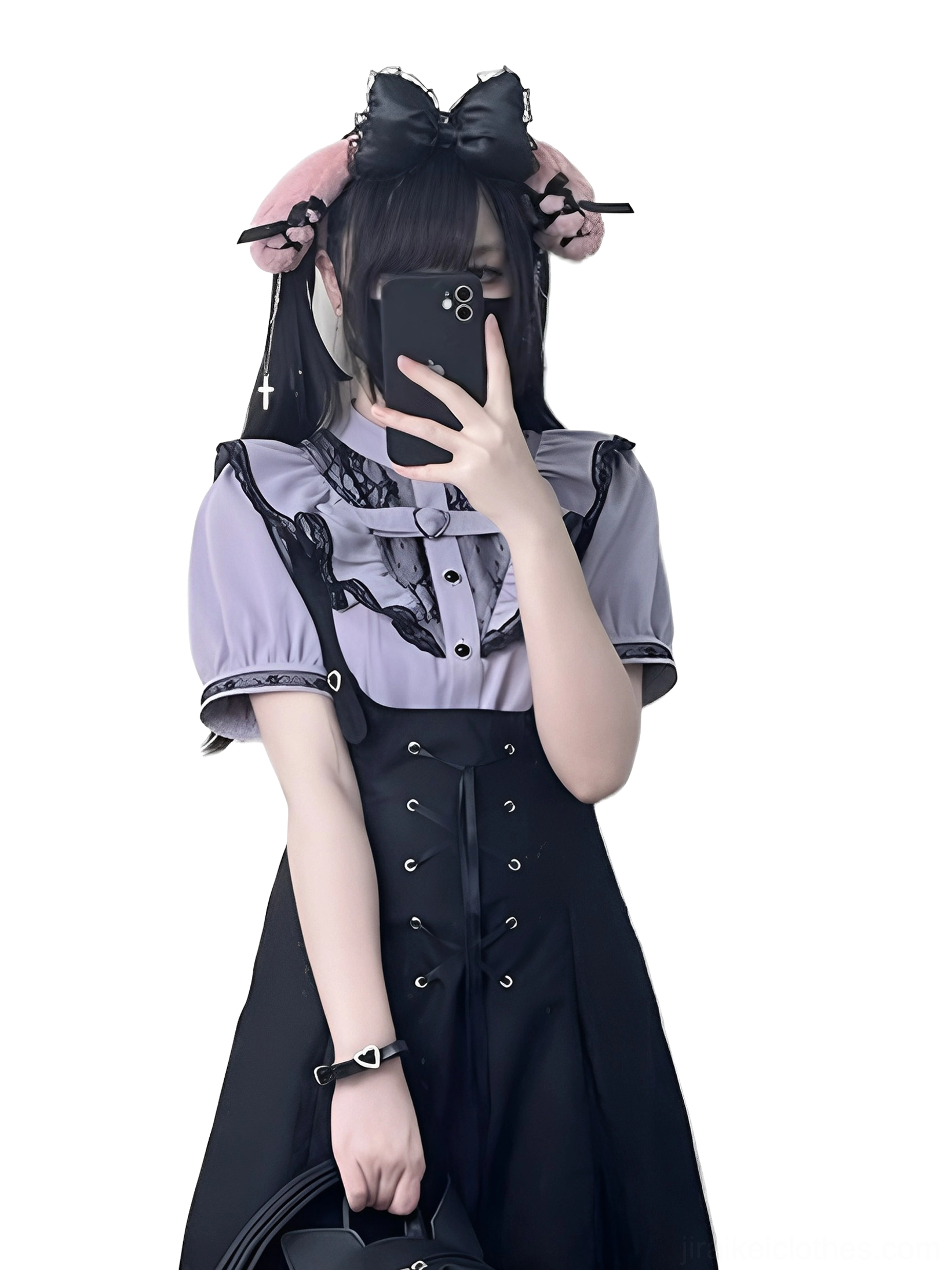 Lavender and black jirai kei two-piece set half-body front view short puff sleeves lace collar front lace-up detail