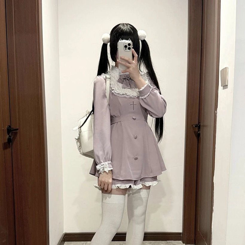 Lavender purple Jirai Kei dress set full body cross embroidery white thigh-high socks matching ruffled shorts white shoulder bag