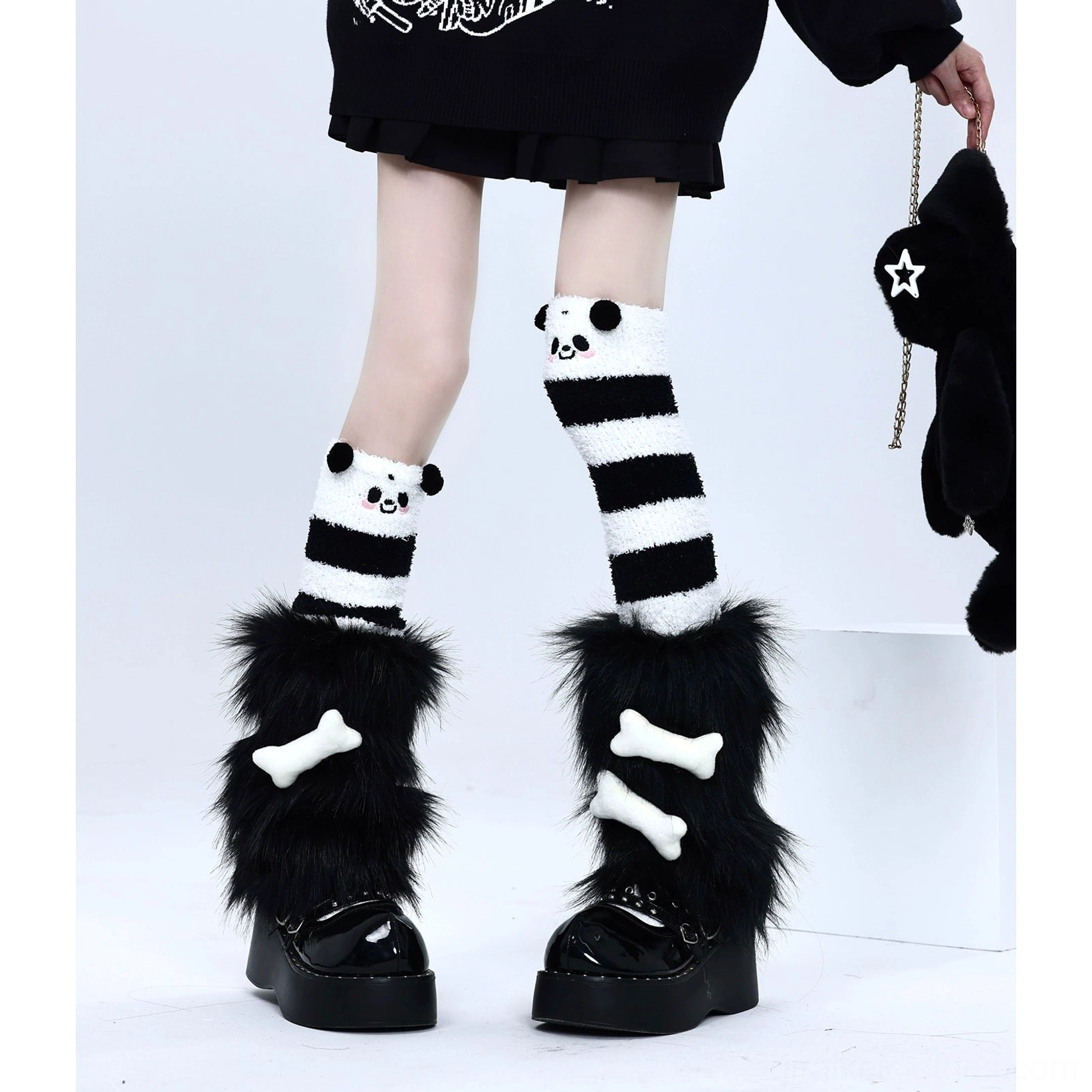 Black-white leg warmers bundle with multiple knee sock pattern options panda spider web striped bone thin Jirai Kei mix-match set