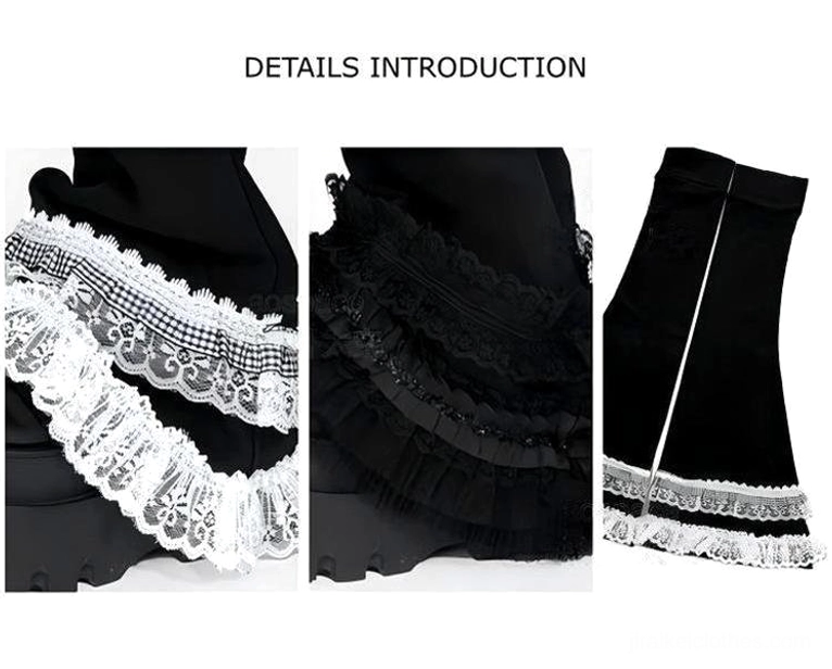 Goth subculture leg warmers detail shot showing lace cuff construction, buckle strap mechanism and premium fabric quality