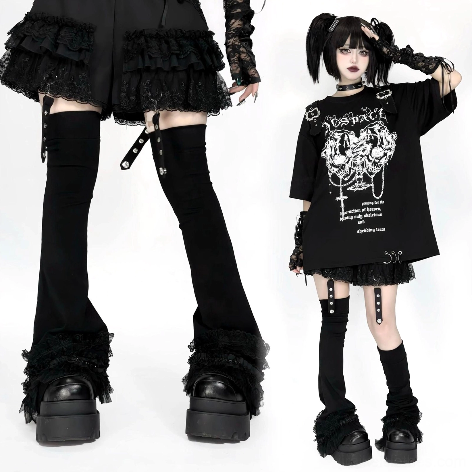 Side-front view of jirai kei leg warmers with fuzzy lace cuffs, adjustable thigh straps and solid black fabric on goth models