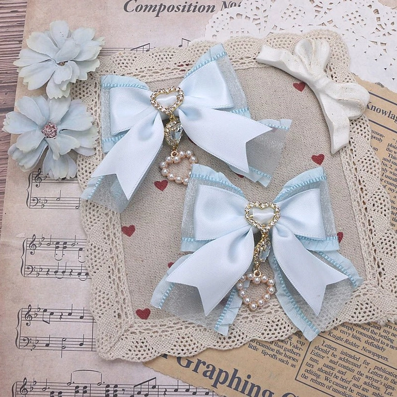 Light blue bow hair clip with heart-shaped rhinestone charm - versatile color option for Jirai Kei fashion