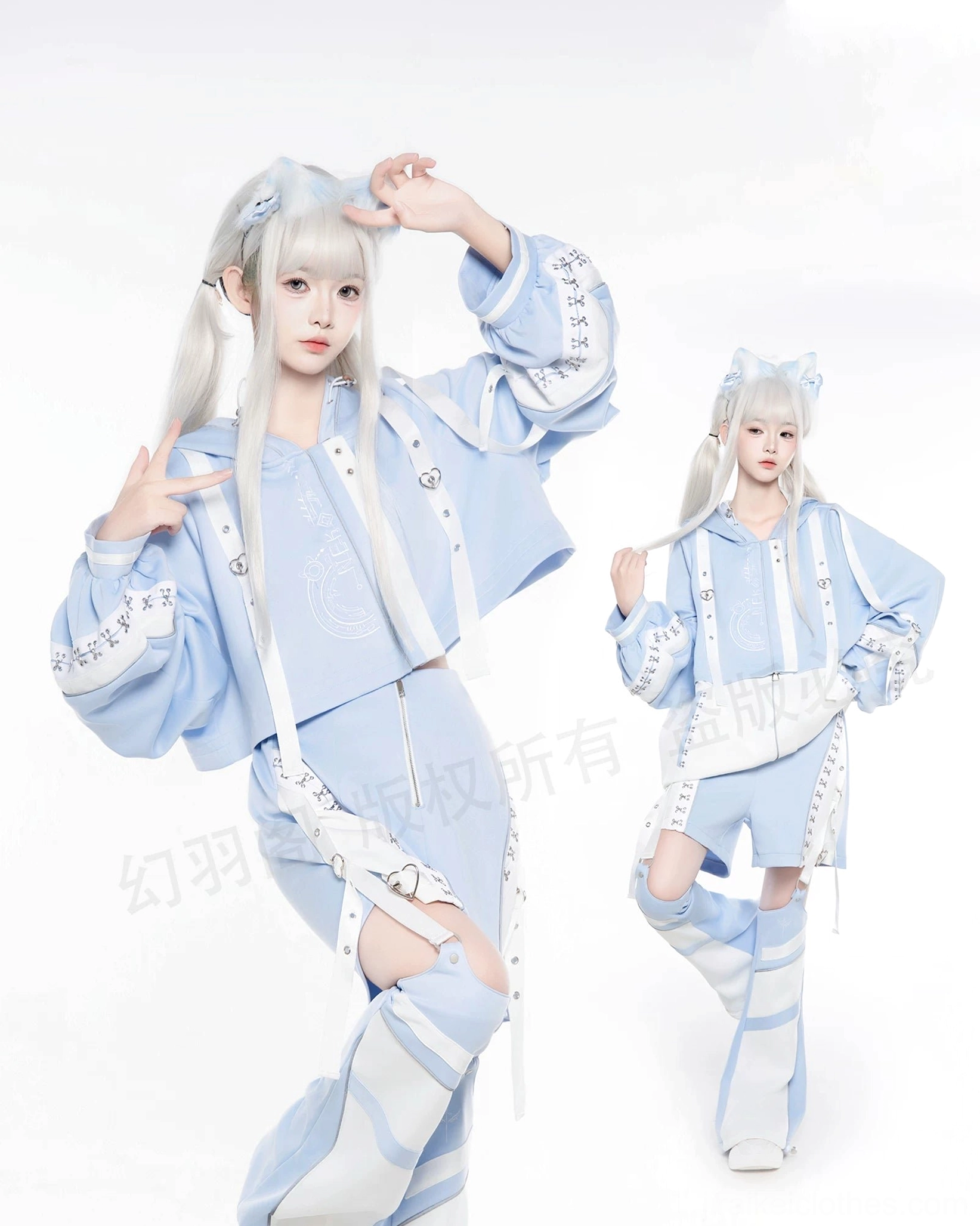 Light blue techwear cat-ear hoodie set double model full body front view oversized loose fit split leg warmers studio background