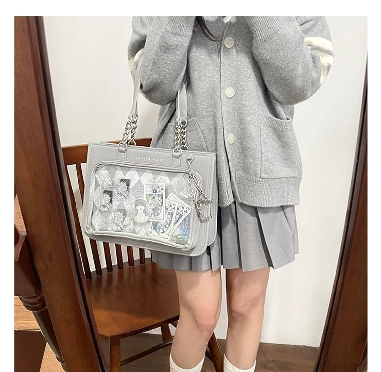 Light blue checkered ita bag with soft femininity and pastel-leaning jirai kei aesthetic styling