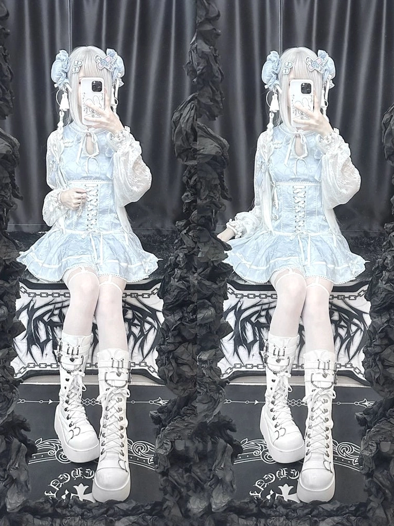 Light blue cheongsam lace dress set with blue hair ornaments ruffled skirt black platform shoes white stockings complete styling full-body mirror