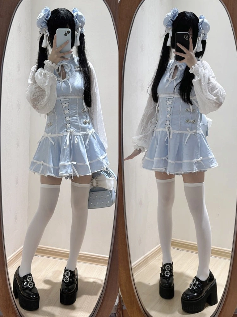 Light blue jirai kei cheongsam-style lolita dress set with puff lace sleeves corset lacing ruffled mini skirt white thigh highs full-body mirror shot