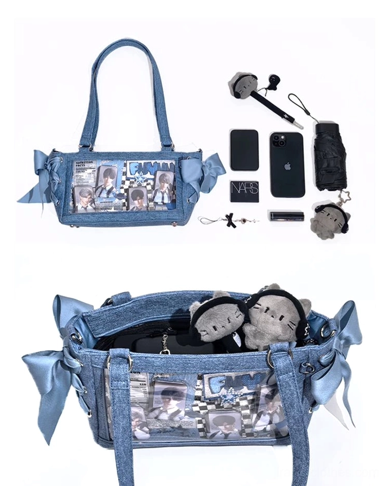 Light blue denim style Jirai Kei ita bag front view showing clear window and decorative elements