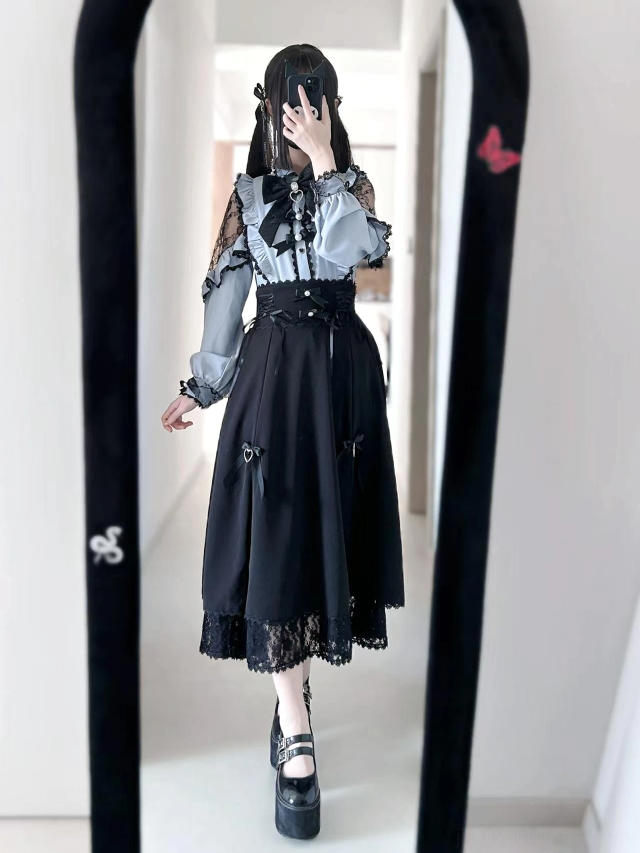 Light blue jirai kei blouse with black lace-trimmed midi skirt mirror full body view long black hair model complete set