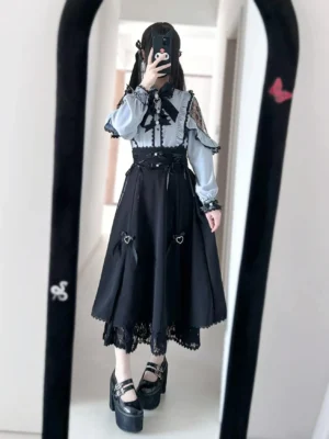 Light blue lace jirai kei blouse paired with black midi skirt mirror full body shot long black hair model complete outfit aesthetic