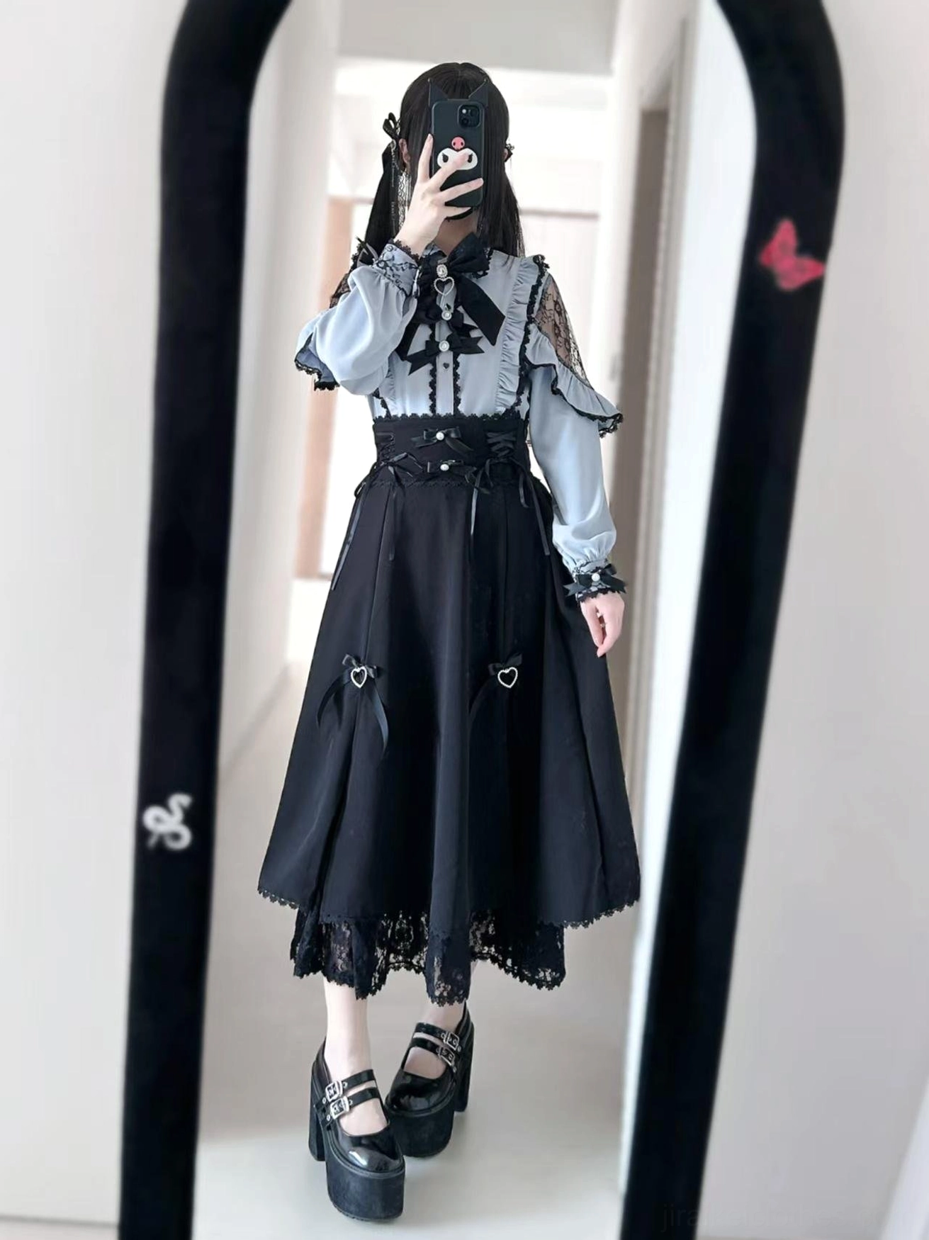 Light blue lace jirai kei blouse paired with black midi skirt mirror full body shot long black hair model complete outfit aesthetic