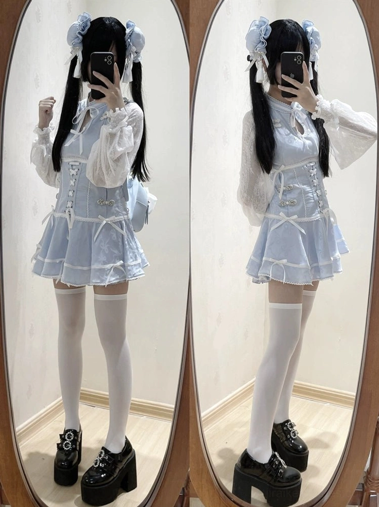 Light blue cheongsam-style jirai kei dress set with corset waist ruffled hem platform loafers white stockings full-body mirror indoor scene