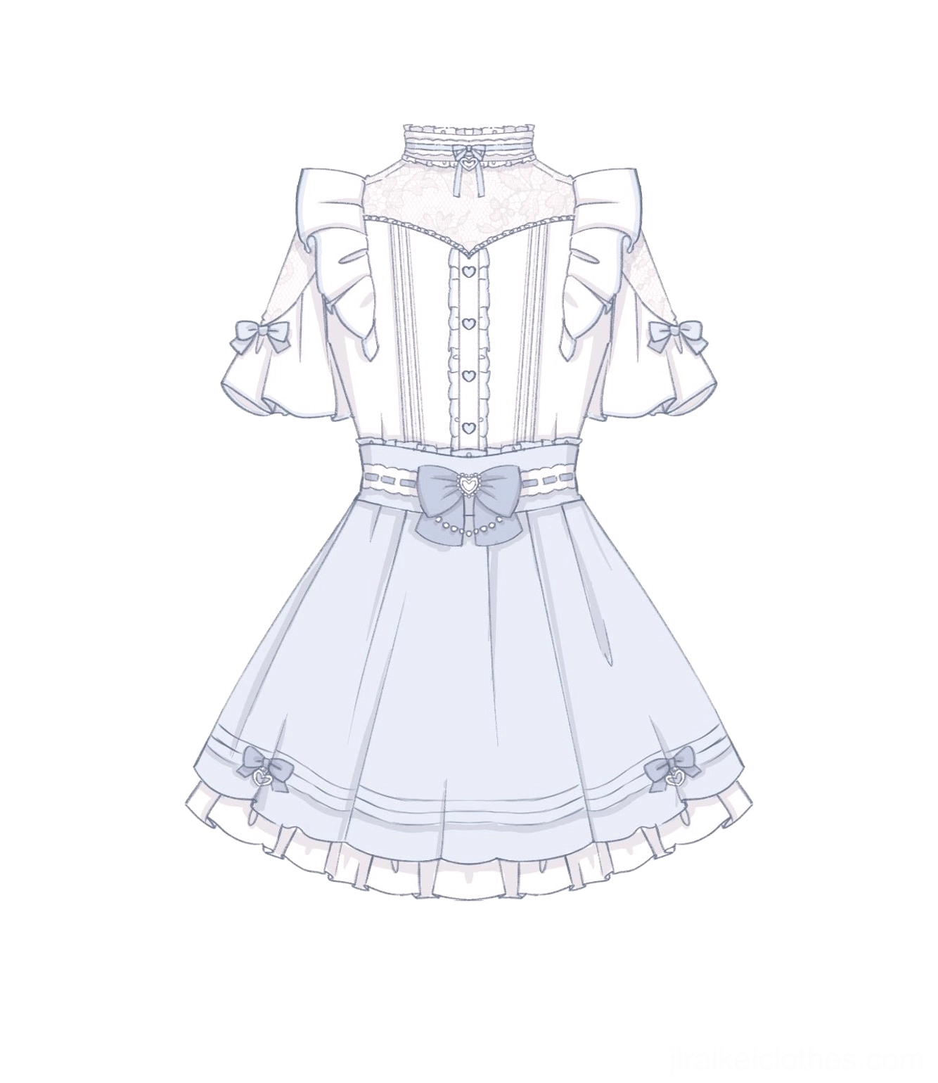 Light blue jirai kei high-waist skirt with detachable bows shown on model, featuring non-elastic fitted waistband and layered ruffled hem with cross chain decoration