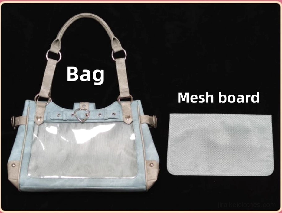 Light blue Jirai Kei ita shoulder bag worn in anime convention environment with other alternative fashion enthusiasts demonstrating community aesthetic context