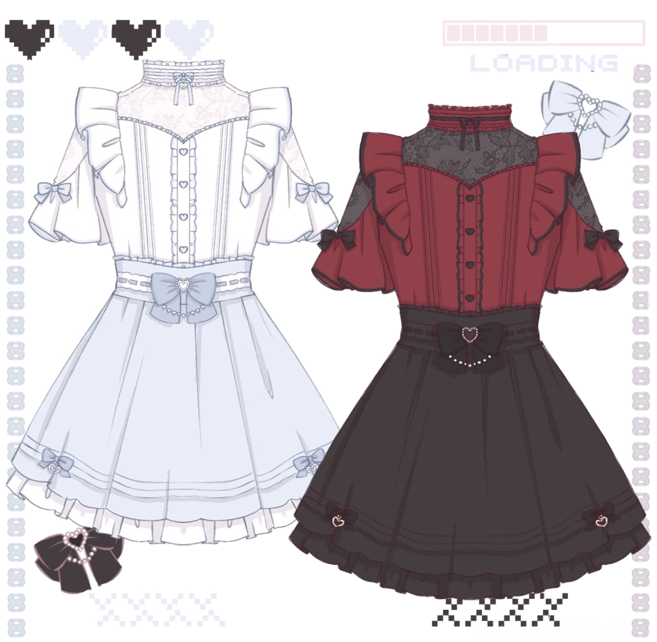 Light blue jirai kei two-piece outfit set with lace-shoulder blouse and high-waist ruffled skirt featuring detachable bows and rhinestone cross pendant decoration
