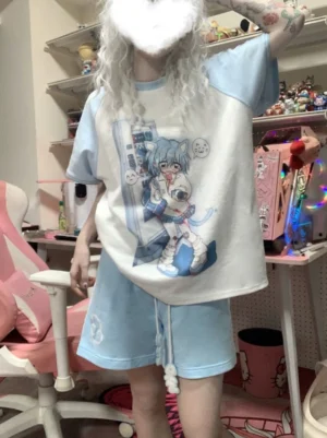 Light blue jirai kei casual shorts back side view model pink gaming chair anime tee matching outfit fuzzy drawstrings