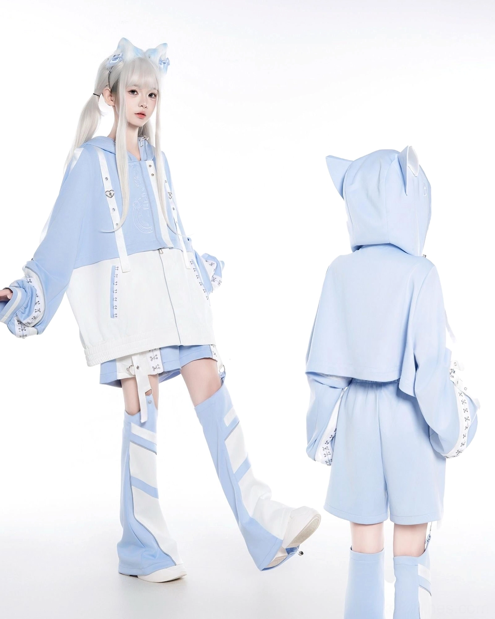 Light blue techwear hoodie set cropped style matching shorts color-block leg warmers single model front back full body view