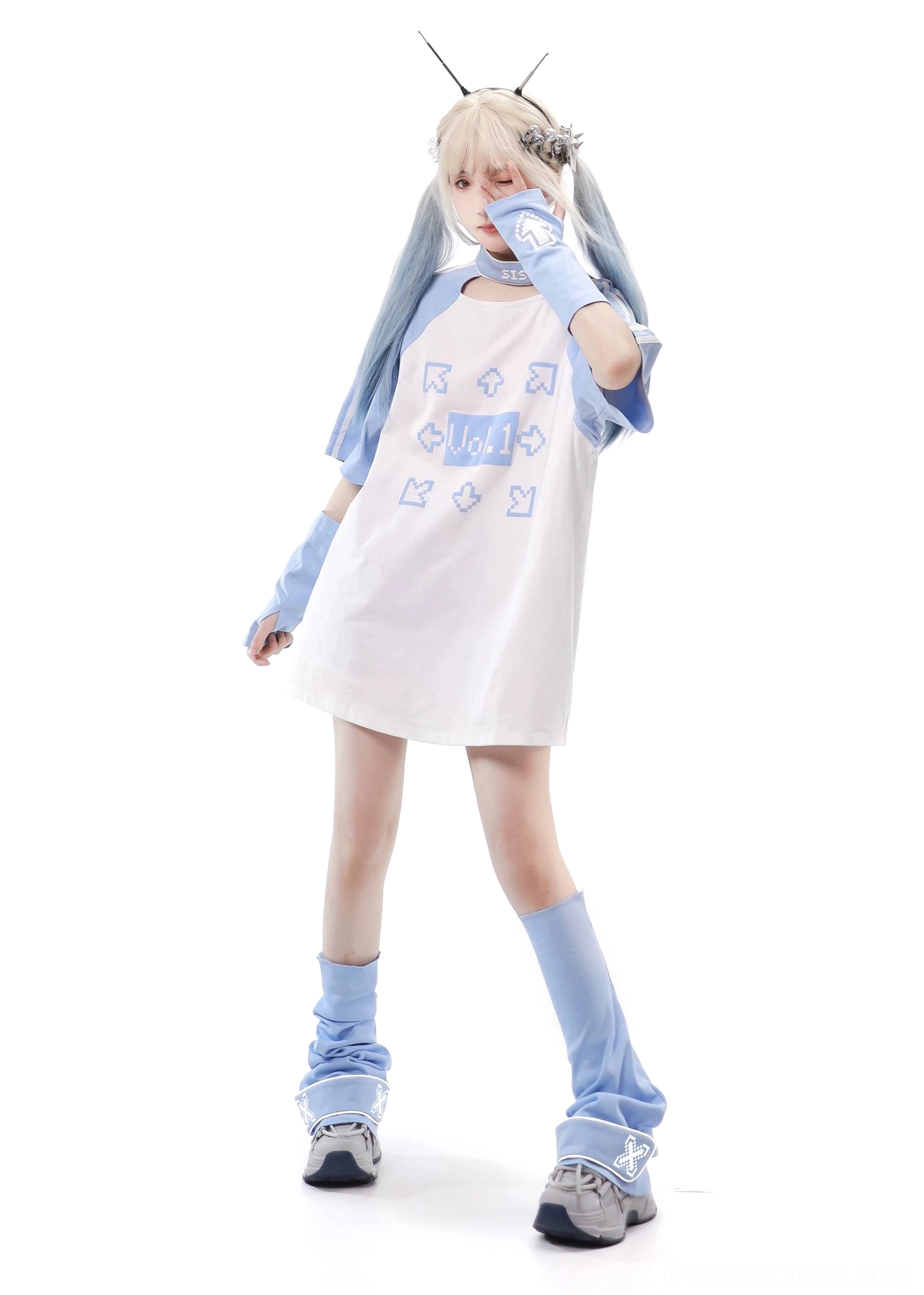 Light blue Tenshi Kaiwai full set t-shirt wrist cuffs shorts leg warmers coordinated outfit ensemble