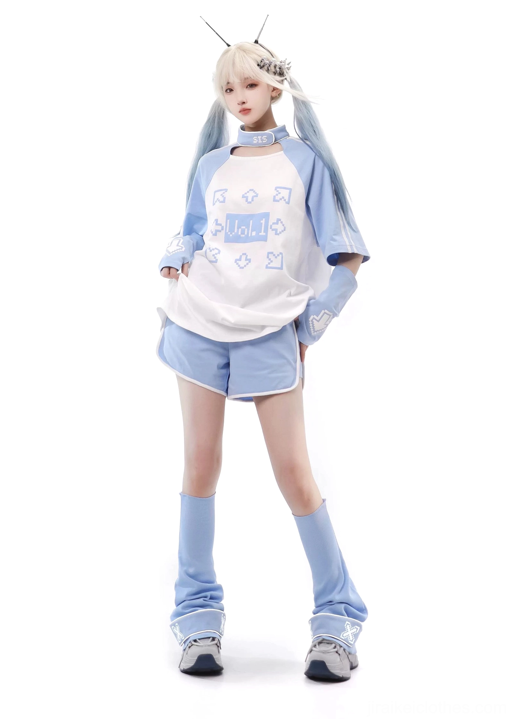 Light blue Tenshi Kaiwai t-shirt shorts matching arm sleeves leg warmers full set front view twin tail hair accessories