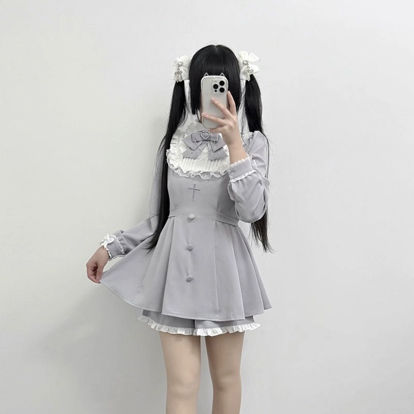Light gray Jirai Kei long sleeve dress set ruffled lace collar cross embroidery ruffled short skirt nude thigh-highs