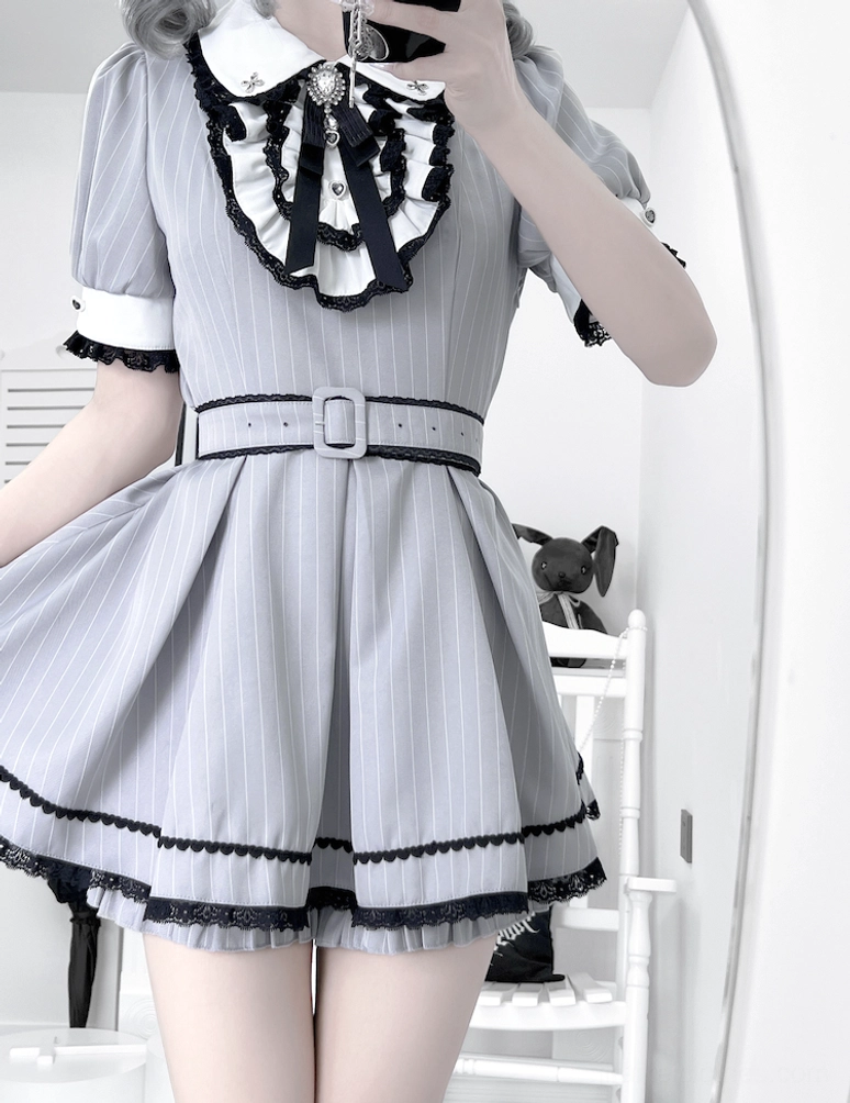 Light grey pinstriped maid Jirai Kei short-sleeve dress with waist belt and lace trim details