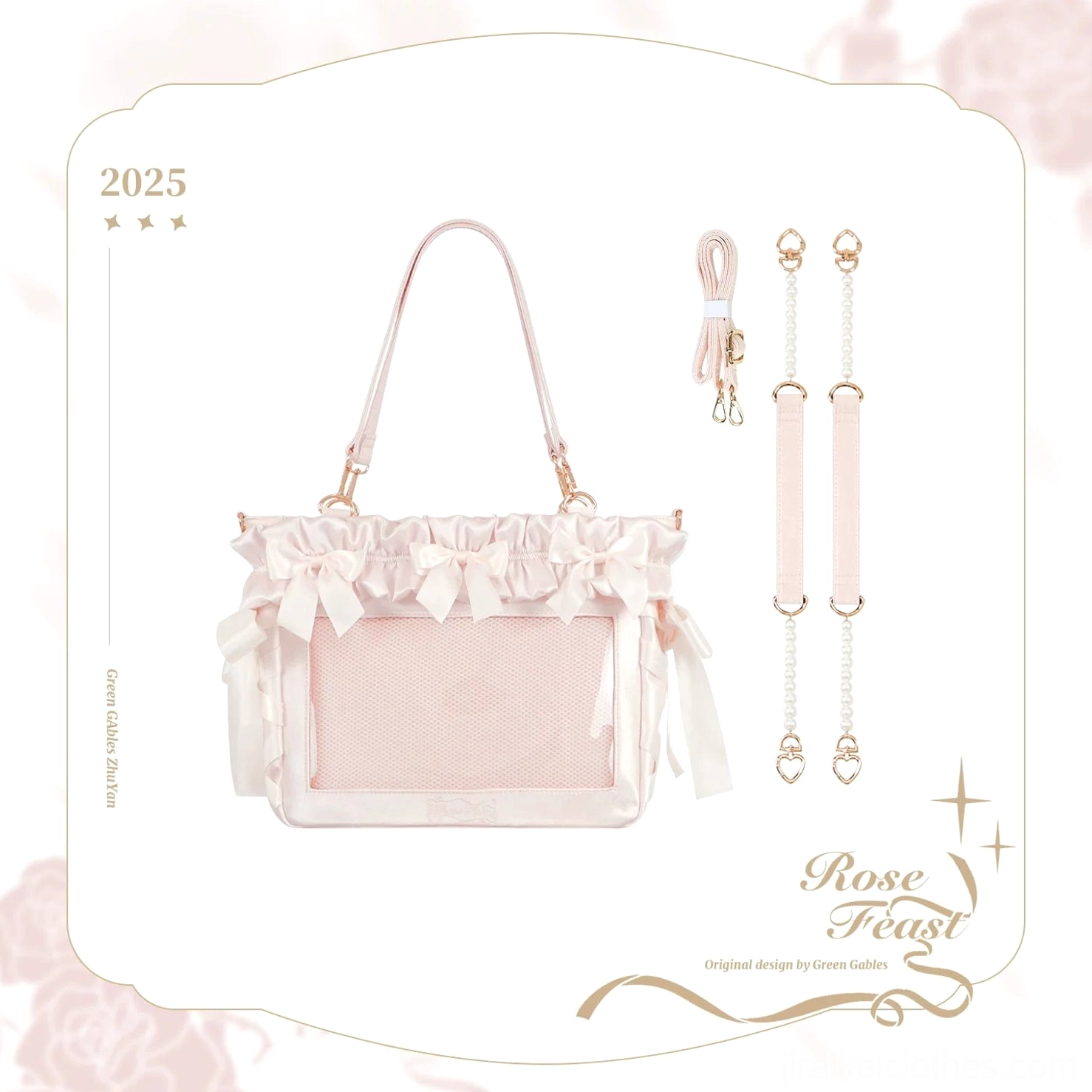 Light pink Jirai Kei laptop itabag color option front view with pearl top handles clear display window and delicate bow trims aesthetic