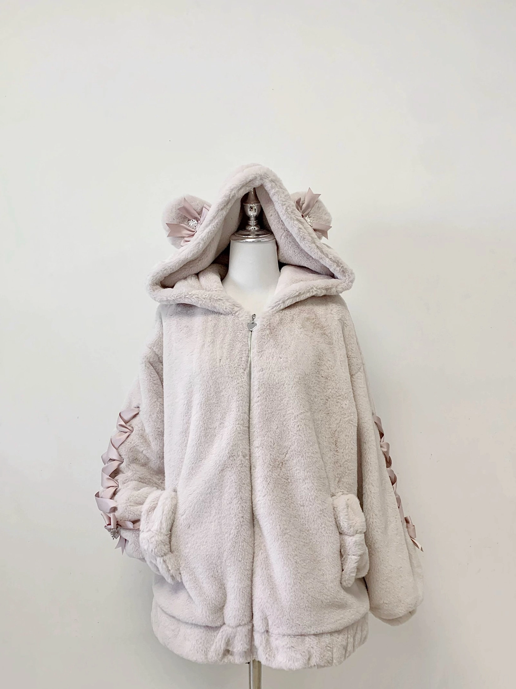 Light pink Ryousangata bear ear plush winter coat variant in standalone product display highlighting color and features