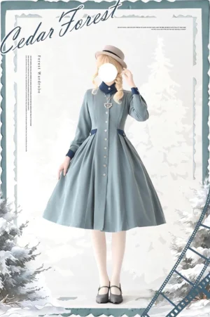 Jirai Kei style Lolita coat dress full front view displaying button placket closure, fitted waist, A-line midi skirt, and contrast dark trims on model with straw hat