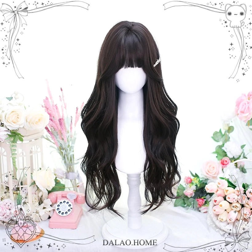 Long curly black Jirai Kei wig with straight bangs detail shot showcasing wave texture and hair quality
