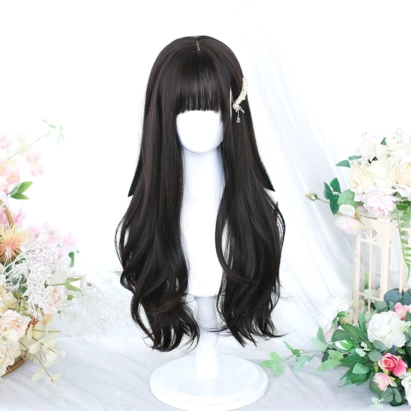 Long curly cold brown Jirai Kei wig with straight bangs styled for alternative fashion aesthetic