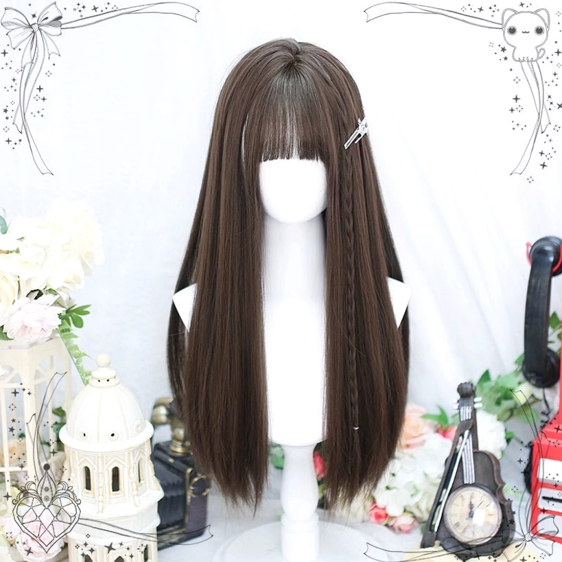 Long curly cold brown Jirai Kei wig with straight bangs suitable for Lolita and alternative fashion styling