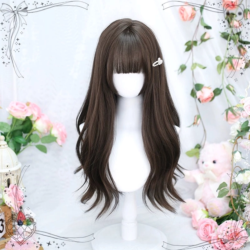 Long curly cold brown Jirai Kei wig with straight bangs perfect for Ryousangata fashion coordination