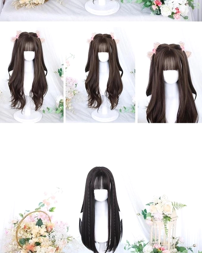 Long curly dark brown Jirai Kei wig with straight bangs tangle-resistant color-rich fiber quality
