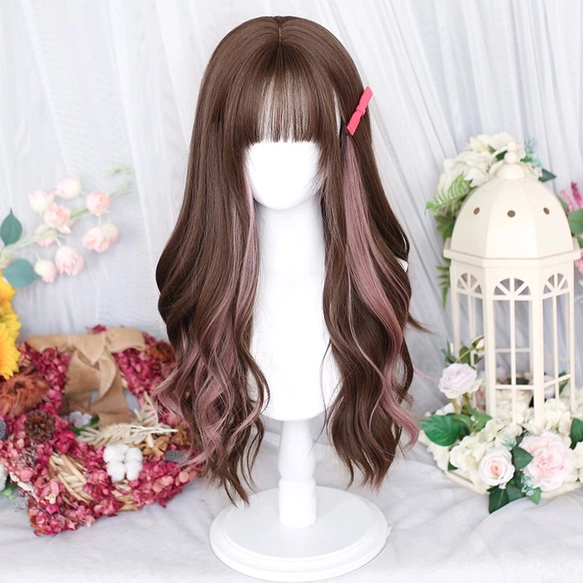 Long curly highlight pink Jirai Kei wig with straight bangs bold statement piece for chaotic glamour aesthetic