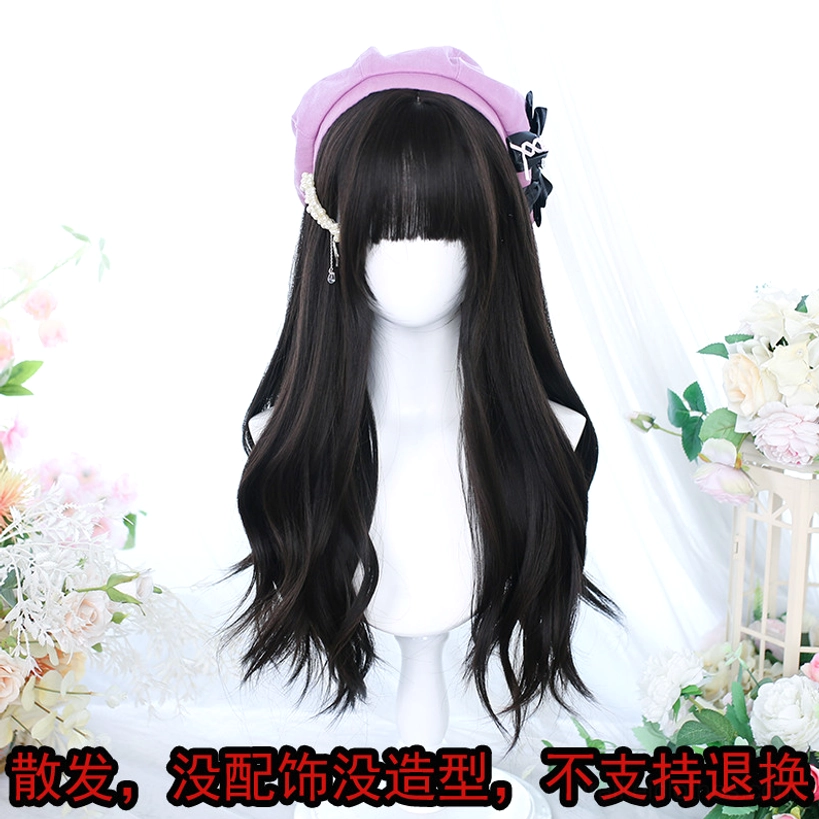 Long curly Jirai Kei wig with straight bangs side profile view highlighting wave structure and volume