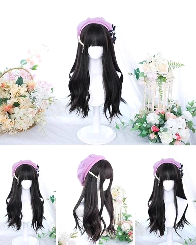 Long curly multi-color Jirai Kei wig with straight bangs extensive color range selection display