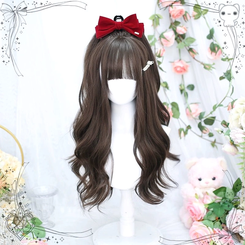 Long curly multi-color Jirai Kei wig with straight bangs demonstrating styling versatility and wave pattern