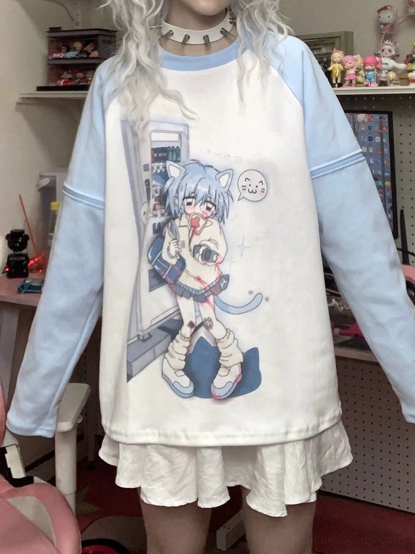 Long raglan sleeve anime cat girl graphic tee standing full body sky blue home display
