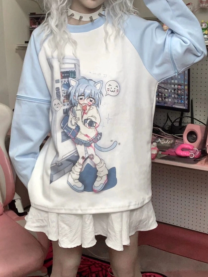 Long sleeve raglan anime graphic tee back three-quarter standing view sky blue jirai-kei