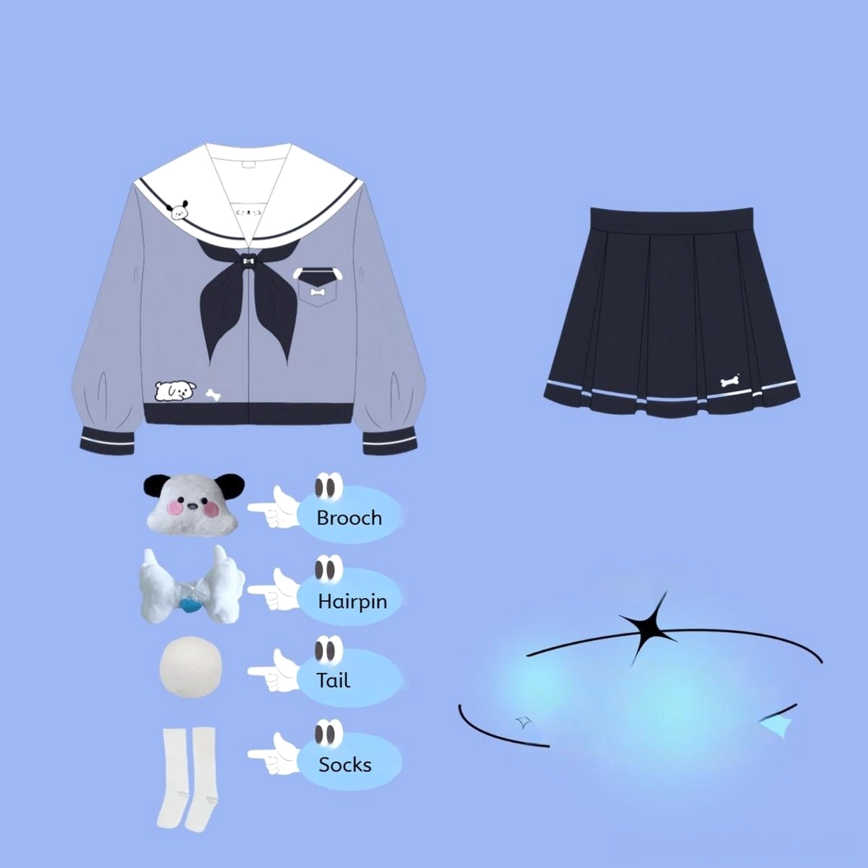 Long-sleeve puppy Jirai Kei sailor jk uniform complete set blouse skirt bow tie brooch hairpin fluffy tail socks coordinated ensemble