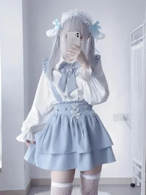 Long-sleeve white ryousangata blouse with adjustable suspender skirt back view mirror selfie layered mini skirt jirai kei outfit