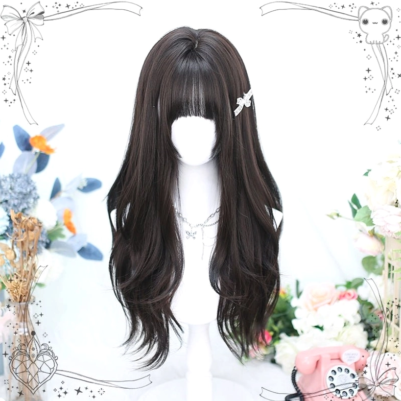 Long straight black Jirai Kei wig with neat bangs close-up detail showing fiber quality and realistic appearance