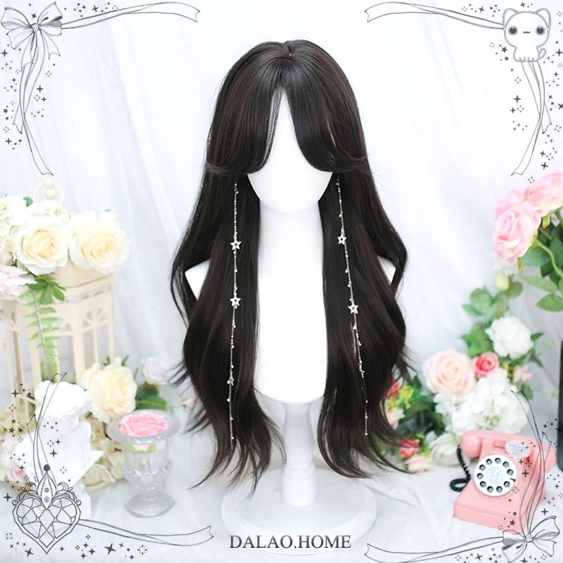 Long straight black Jirai Kei wig with neat bangs full length product display on neutral background