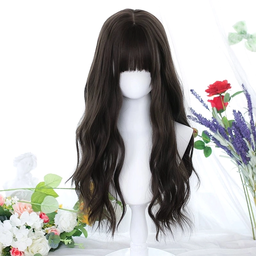 Long straight black Jirai Kei wig with neat bangs versatile styling for ponytail and updo options