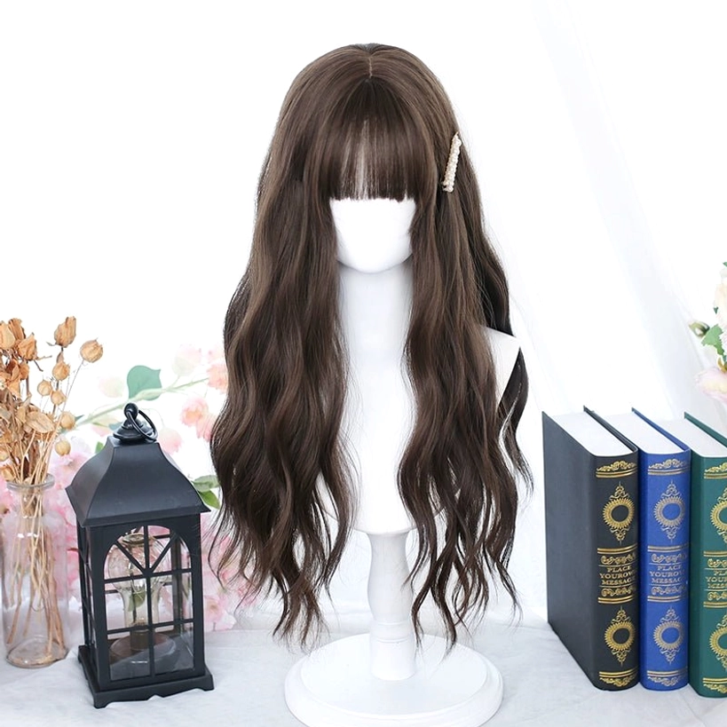 Long wavy dark brown Jirai Kei wig with straight bangs showcasing natural-looking hair texture and color depth