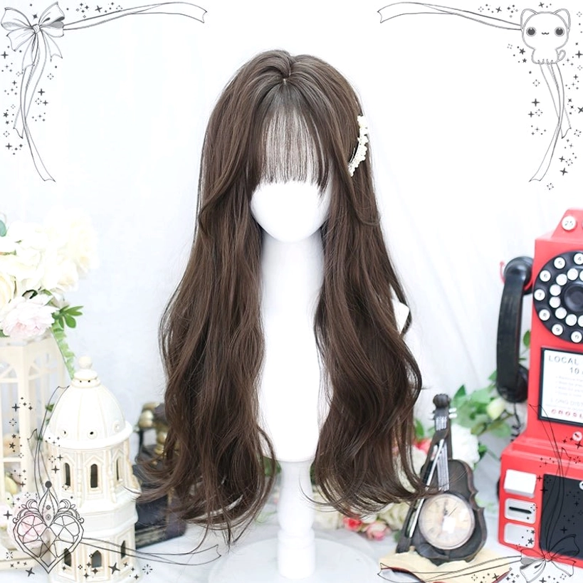 Long wavy dark brown Jirai Kei wig with straight bangs demonstrating soft gentle styling possibilities