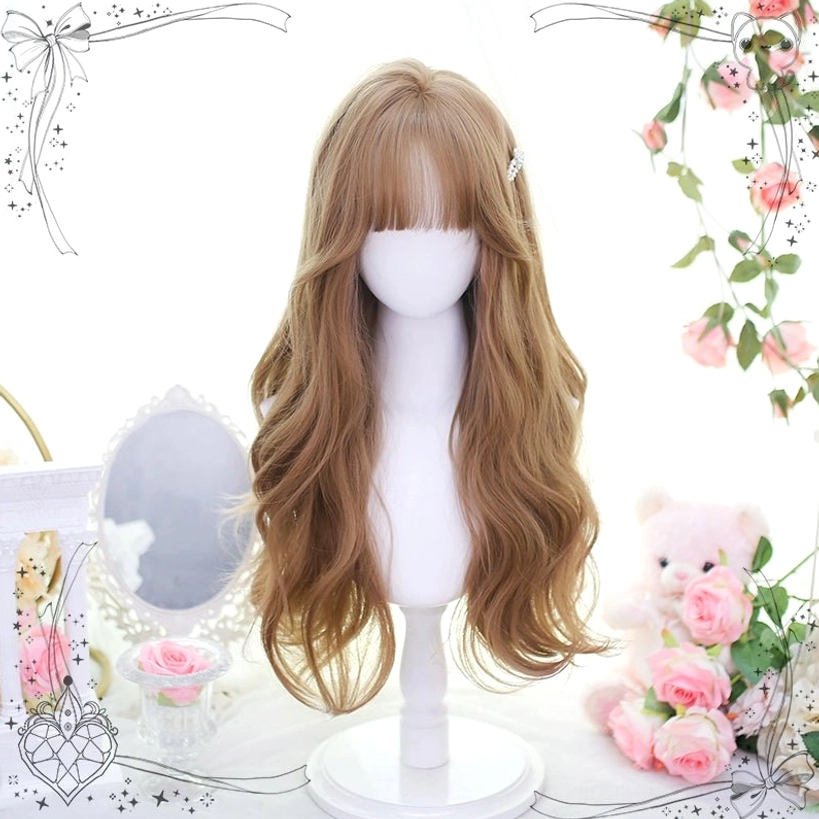 Long wavy dark brown Jirai Kei wig with straight bangs wig net included for secure comfortable fit