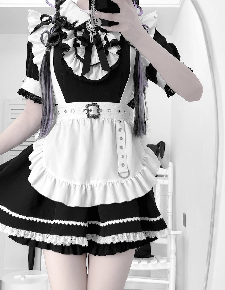 Maid Jirai Kei dress set with detachable components back zipper and structured maid apron styling
